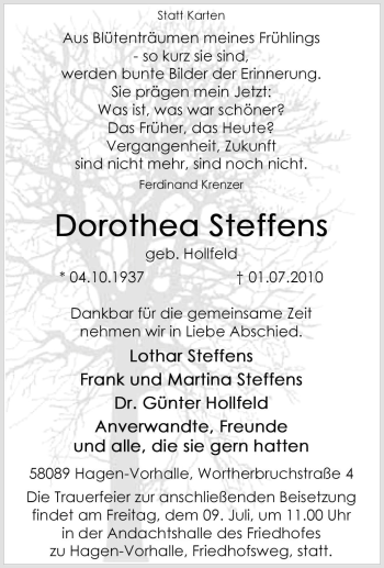 Traueranzeige von Dorothea Steffens von Tageszeitung