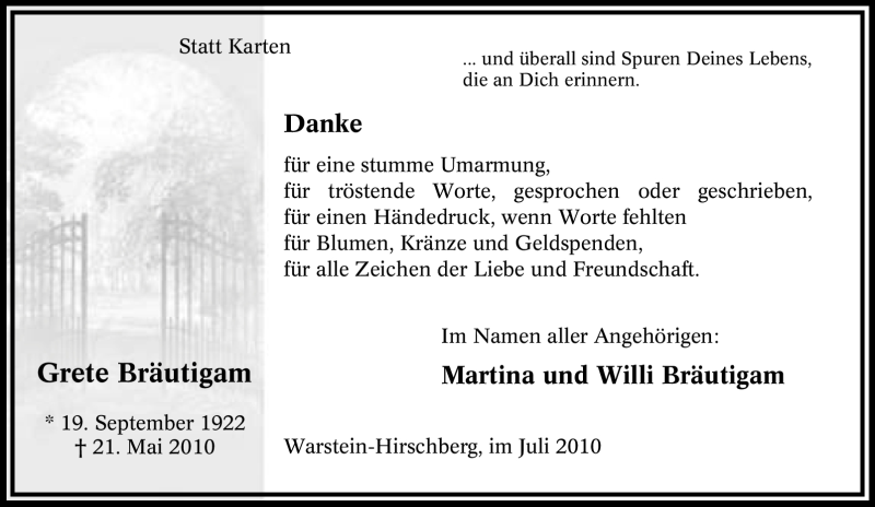  Traueranzeige für Grete Bräutigam vom 03.07.2010 aus Tageszeitung
