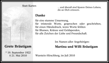 Traueranzeige von Grete Bräutigam von Tageszeitung