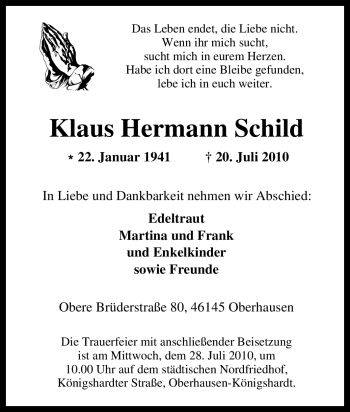Traueranzeige von Klaus Hermann Schild von Tageszeitung