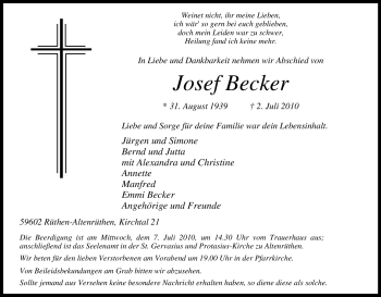 Traueranzeige von Josef Becker von Tageszeitung