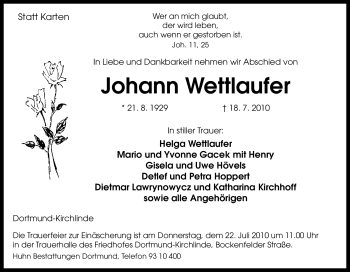 Traueranzeige von Johann Wettlaufer von Tageszeitung
