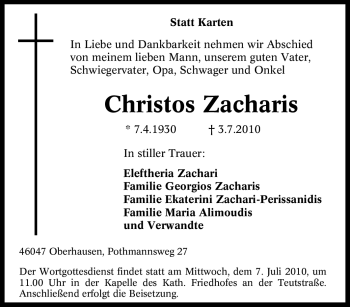 Traueranzeige von Christos Zacharis von Tageszeitung