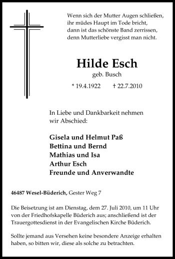 Traueranzeige von Hilde Esch von Tageszeitung