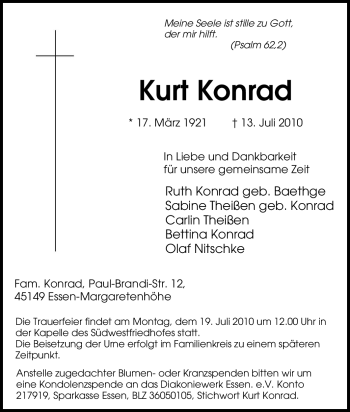 Traueranzeige von Kurt Konrad von Tageszeitung