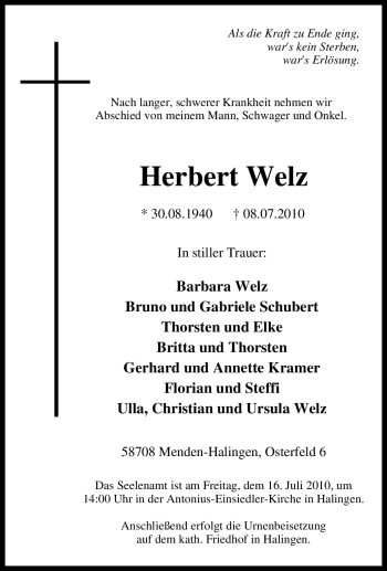 Traueranzeige von Herbert Welz von Tageszeitung
