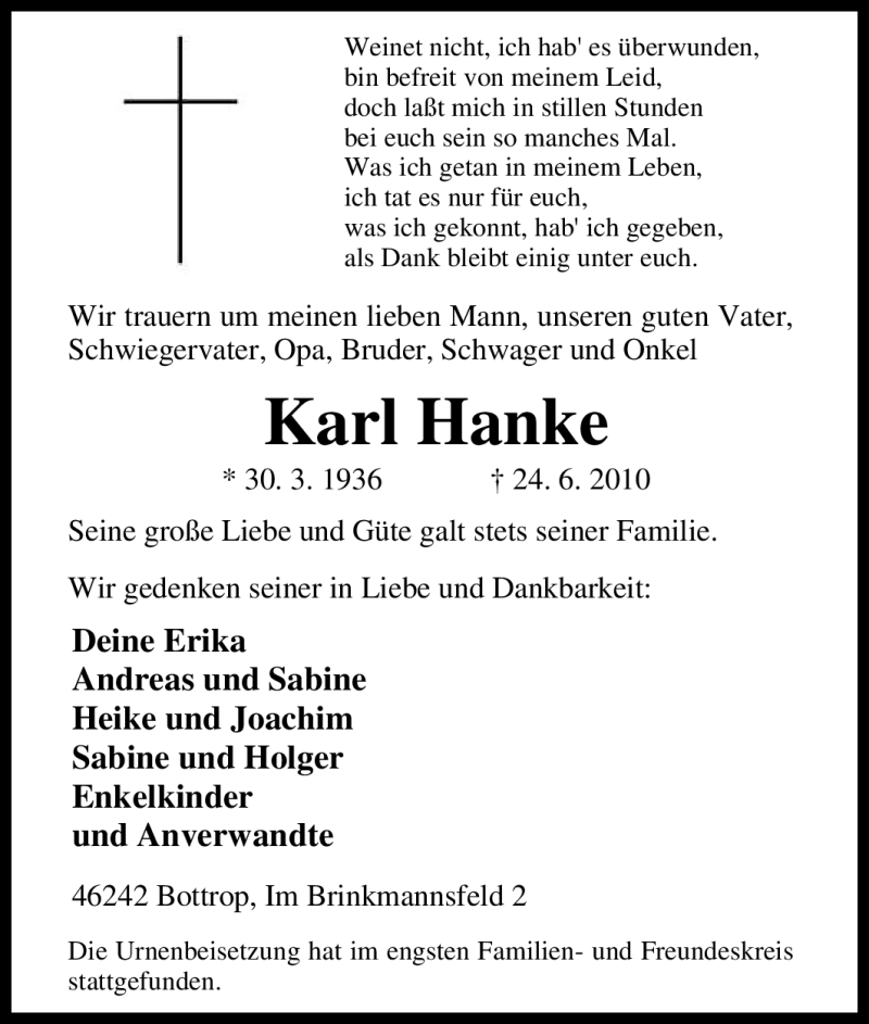  Traueranzeige für Karl Hanke vom 07.07.2010 aus Tageszeitung