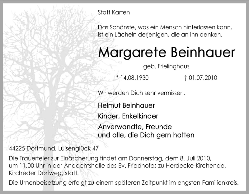  Traueranzeige für Margarete Beinhauer vom 03.07.2010 aus Tageszeitung