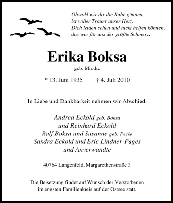 Traueranzeige von Erika Boksa von Tageszeitung