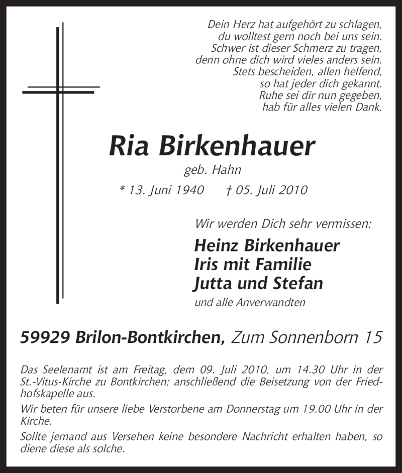  Traueranzeige für Ria Birkenhauer vom 07.07.2010 aus Tageszeitung