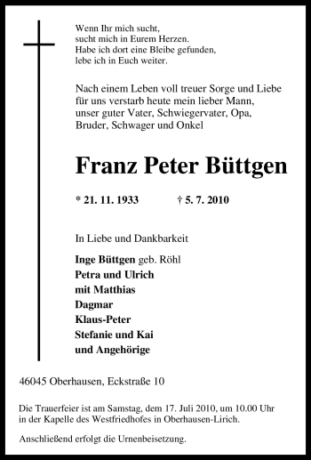 Traueranzeige von Franz Peter Büttgen von Tageszeitung