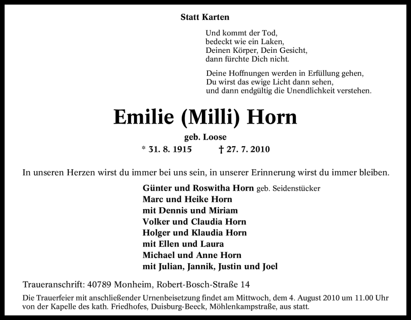  Traueranzeige für Emilie Horn vom 30.07.2010 aus Tageszeitung