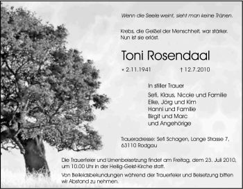 Traueranzeige von Toni Rosendaal von Tageszeitung