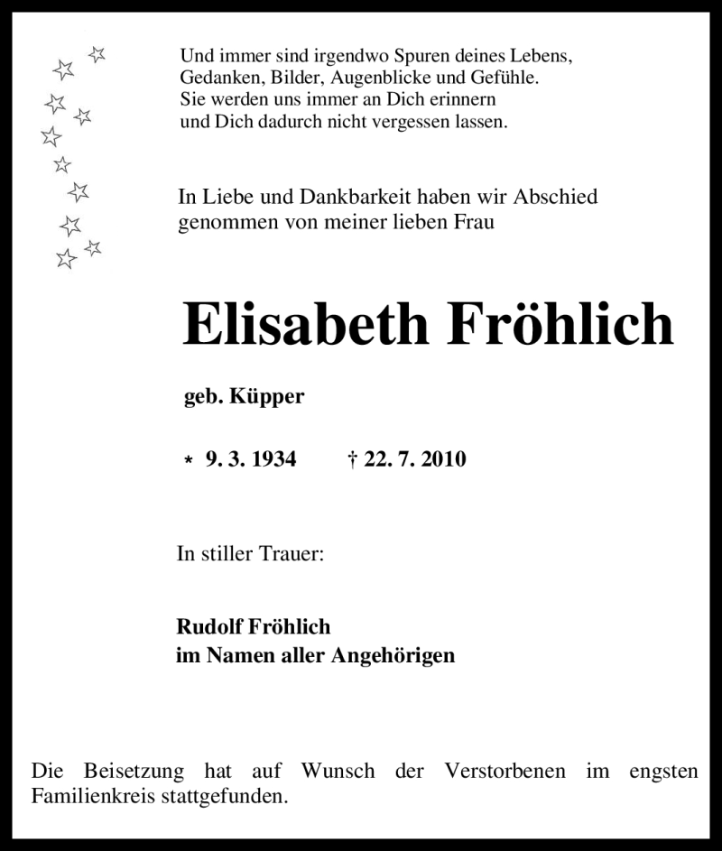  Traueranzeige für Elisabeth Fröhlich vom 29.07.2010 aus Tageszeitung