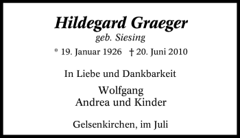 Traueranzeige von Hildegard Graeger von Tageszeitung