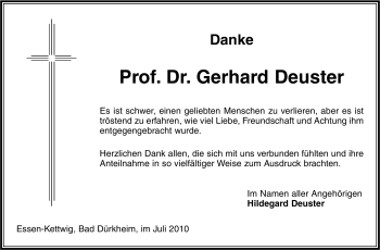 Traueranzeige von Gerhard Deuster von Tageszeitung