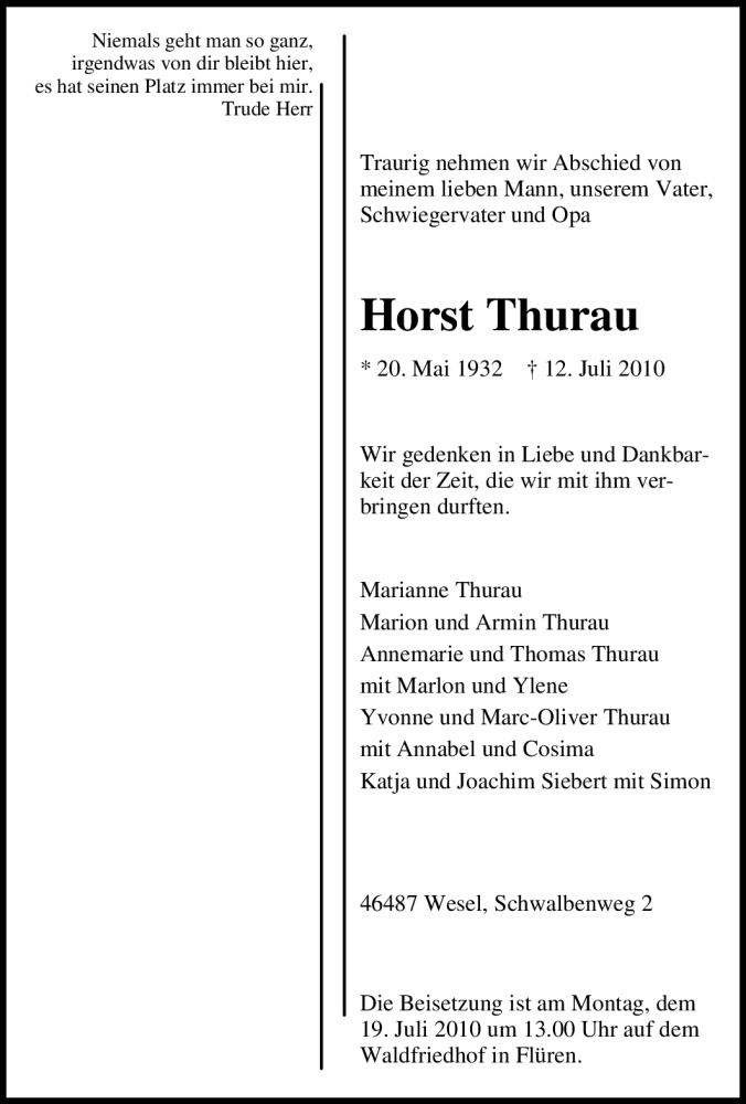  Traueranzeige für Horst Thurau vom 14.07.2010 aus Tageszeitung