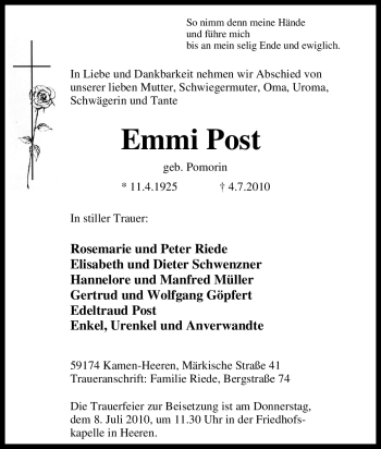 Traueranzeige von Emmi Post von Tageszeitung