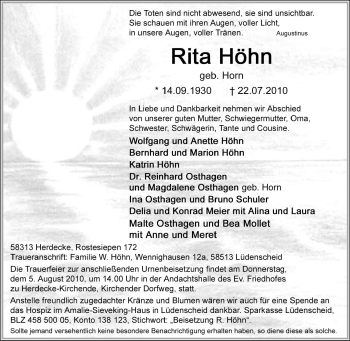 Traueranzeige von Rita Höhn von Tageszeitung