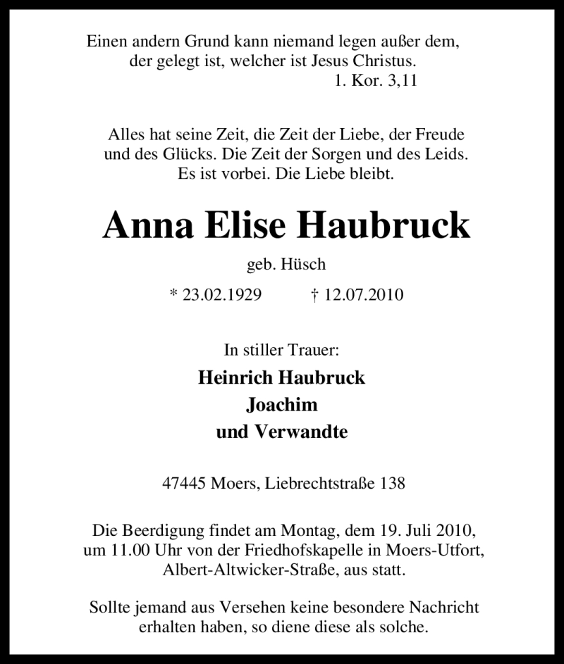  Traueranzeige für Anna Elise Haubruck vom 14.07.2010 aus Tageszeitung