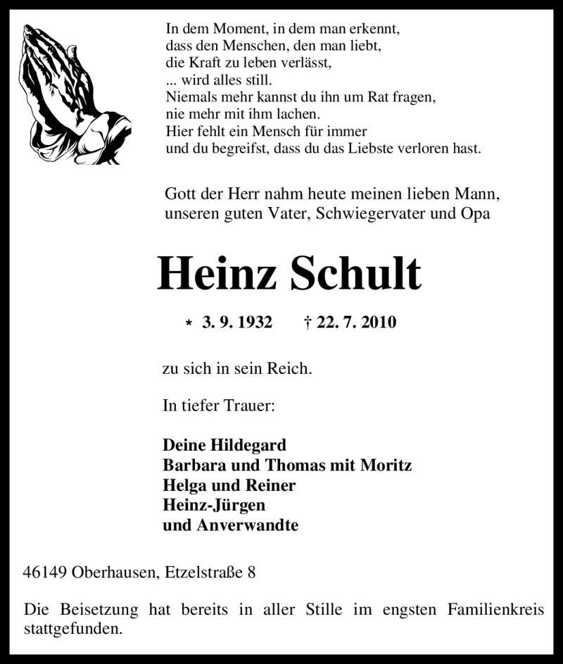  Traueranzeige für Heinz Schult vom 28.07.2010 aus Tageszeitung