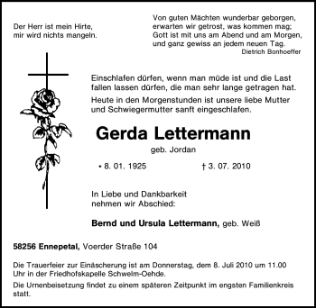 Traueranzeige von Gerda Lettermann von Tageszeitung