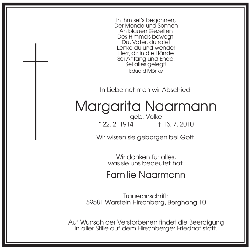  Traueranzeige für Margarita Naarmann vom 15.07.2010 aus Tageszeitung