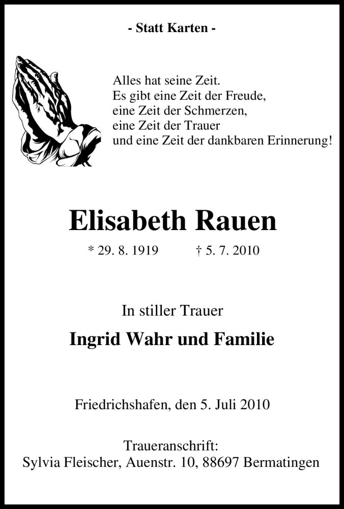  Traueranzeige für Elisabeth Rauen vom 07.07.2010 aus Tageszeitung