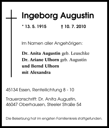 Traueranzeige von Ingeborg Augustin von Tageszeitung