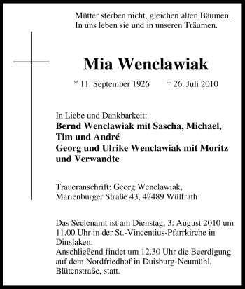 Traueranzeige von Mia Wenclawiak von Tageszeitung