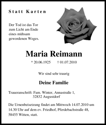 Traueranzeige von Maria Reimann von Tageszeitung