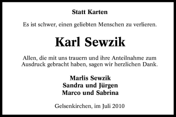 Traueranzeige von Karl Sewzik von Tageszeitung