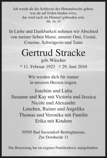 Traueranzeige von Gertrud Stracke von Tageszeitung