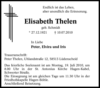Traueranzeige von Elisabeth Thelen von Tageszeitung