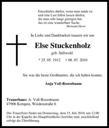 Traueranzeige von Else Stuckenholz von Tageszeitung