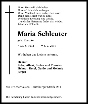 Traueranzeige von Maria Schleuter von Tageszeitung