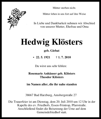 Traueranzeige von Hedwig Klösters von Tageszeitung