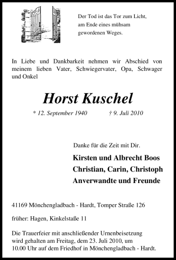 Traueranzeige von Horst Kuschel von Tageszeitung