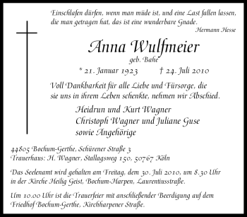 Traueranzeige von Anna Wulfmeier von Tageszeitung