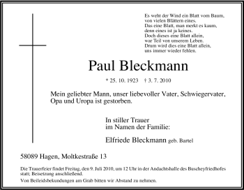 Traueranzeige von Paul Bleckmann von Tageszeitung
