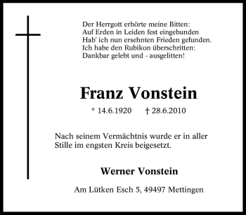 Traueranzeige von Franz Vonstein von Tageszeitung