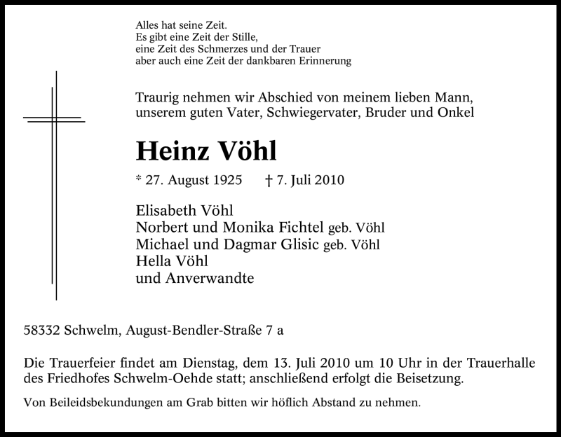  Traueranzeige für Heinz Vöhl vom 10.07.2010 aus Tageszeitung