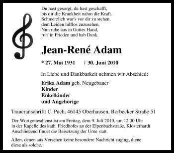 Traueranzeige von Jean-Renè Adam von Tageszeitung