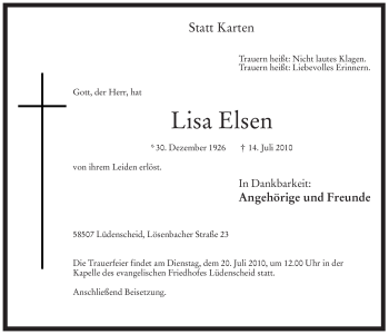 Traueranzeige von Lisa Elsen von Tageszeitung