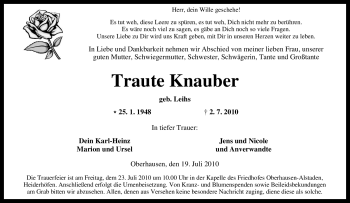 Traueranzeige von Traute Knauber von Tageszeitung