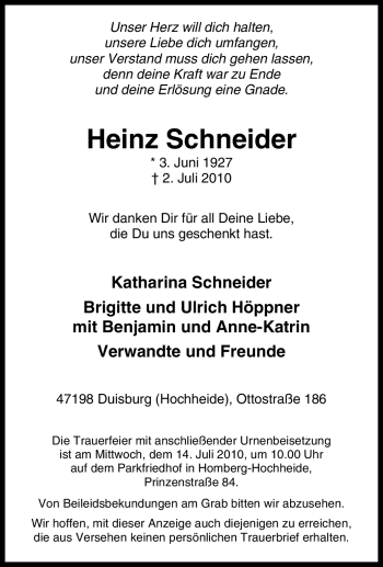 Traueranzeige von Heinz Schneider von Tageszeitung