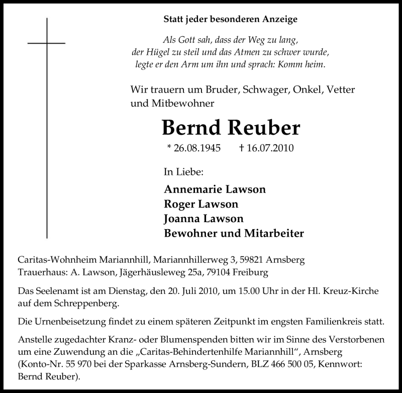  Traueranzeige für Bernd Reuber vom 19.07.2010 aus Tageszeitung