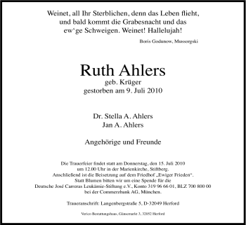 Traueranzeige von Ruth Ahlers von Tageszeitung