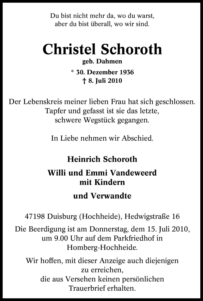  Traueranzeige für Christel Schoroth vom 10.07.2010 aus Tageszeitung