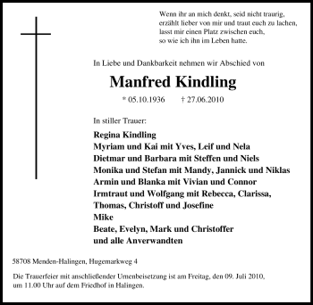 Traueranzeige von Manfred Kindling von Tageszeitung